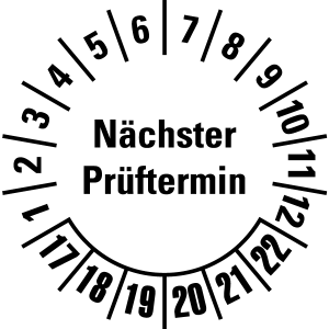 Mehrjahresprüfplakette 2017 - 2022 | Nächster Prüftermin - Folie selbstklebend, weiß & schwarz - Ø 10 mm - 50 Stück