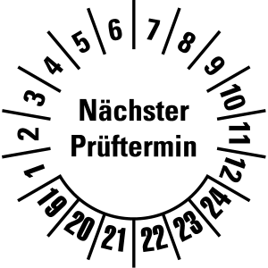 Mehrjahresprüfplakette 2019 - 2024 | Nächster Prüftermin - Folie selbstklebend, weiß & schwarz - Ø 10 mm - 50 Stück