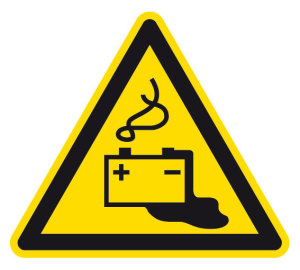 Warnzeichen - Warnung vor Gefahren durch das Aufladen von Batterien - Folie Selbstklebend  - Schenkellänge 5 cm
