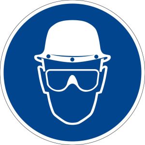 Gebotszeichen - Kopfschutz und Vollschutzbrille benutzen - Kunststoff - Ø 5 cm