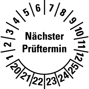 Mehrjahresprüfplakette 2020 - 2025 | Nächster Prüftermin - Folie selbstklebend, weiß & schwarz - Ø 20 mm - 50 Stück